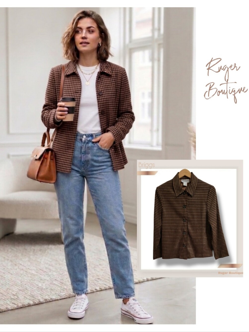 🌿Briggs Women's Small Petite Brown Black Houndstooth Lightweight Blazer Jacket